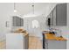 Bright kitchen featuring gray cabinets, butcher block counters, subway tile backsplash and stainless appliances at 12817 Parkbury Dr, Orlando, FL 32828