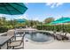 Stunning backyard pool and spa with lush landscaping, waterfall feature, fire pit, and umbrellas for shade at 2683 Bobcat Chase Blvd, Oakland, FL 34787