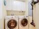 Functional laundry room featuring front loading washer and dryer, ample storage and cleaning supplies at 4071 S Atlantic Ave # 803, New Smyrna Beach, FL 32169
