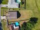 Aerial view of a home with a spacious fenced-in yard and a portable pool in the backyard at 602 Milan Dr, Kissimmee, FL 34758