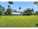 Expansive backyard featuring lush green grass, palm trees, home, and entertainment outbuilding at 1405 Pioneer Trl, New Smyrna Beach, FL 32168