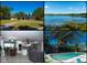 Collage showing the home's exterior, lake view, kitchen, and screened in pool area at 36019 Clear Lake Dr, Eustis, FL 32736