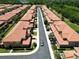Aerial view captures a street lined with well-maintained townhomes, lush landscaping, and a tranquil community setting at 5510 Siracusa Ln, Sanford, FL 32771