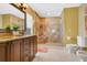 Bathroom with walk-in shower and custom vanity with a granite countertop at 5836 Goldenwood Dr, Orlando, FL 32817
