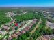 Aerial view of homes in a community next to a pond surrounded by lush greenery, creating a serene environment at 141 Campanello Ct, Daytona Beach, FL 32117