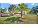 Well-maintained backyard with lush green grass, mature palm trees, and white fencing at 1458 Heather Way, Kissimmee, FL 34744