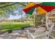 Chairs and shade umbrella on a stone patio with a view of the golf course at 6054 Tarawood Dr, Orlando, FL 32819