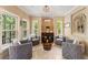Cozy sitting room with four armchairs, a barrel table, and large windows providing plenty of natural light at 14037 Fairway Willow Ln, Winter Garden, FL 34787