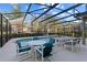 The screened in pool area is set for entertaining with multiple seating areas at 5270 Wildwood Way, Davenport, FL 33837