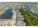 Beautiful aerial view of a lakeside community featuring a row of homes, mature trees, and pristine landscaping at 2009 Tropical Palms Cir, Kissimmee, FL 34747