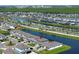 Scenic aerial view of the waterfront community featuring well-manicured lawns and beautiful landscaping at 13617 Haulover Beach Ln, Orlando, FL 32827