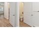 Bathroom featuring wood-look floors, doors to water closet, and fixtures in brushed nickel at 1539 Wynell St, St Cloud, FL 34771
