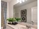 Bright bathroom featuring a large mirror, white cabinets, and decorative plants on the countertop at 4557 Ranunculus St, Haines City, FL 33844