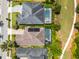 A bird's-eye view showcases backyard pools, solar panels, and lush landscaping of a residential area at 9405 Bordet Ct, Orlando, FL 32827