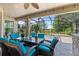 Covered patio with dining table and chairs overlooking pool and landscaped backyard at 1204 Lexington Ave, Davenport, FL 33837