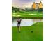 Personal swings golf club to hit the ball across the green course surrounded by trees and in front of a resort at 1370 Centre Court Ridge Dr # 204, Reunion, FL 34747