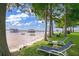 Gorgeous lake view from backyard with long pier, sandy beach, and lounge chairs at 3085 Vest Rd, St Cloud, FL 34772
