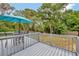 Backyard wood deck with table, chairs and partial umbrella surrounded by greenery at 150 Debary Dr, Debary, FL 32713