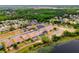 An aerial view of a housing community nestled by a lake, highlighting homes with screened patios and scenic views at 2173 Lake Side Ave, Davenport, FL 33837