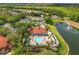 Aerial view of a community pool with lounge seating, a bar, landscaping, and a large pond at 2769 Lido Key Dr, Kissimmee, FL 34747