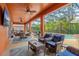 An outdoor seating area with blue furniture, ceiling fan, and a view of the backyard at 2769 Lido Key Dr, Kissimmee, FL 34747