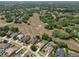 An aerial view shows a community with houses nestled among tree-lined streets and open spaces at 525 Hebrides Ct, Apopka, FL 32712