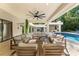 Spacious covered outdoor living space with ample seating and views of the pool and lush landscaping at 608 E Club Cir, Longwood, FL 32779