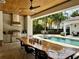Inviting covered patio with outdoor kitchen, overlooking a sparkling pool and lush landscaping at 1690 Palm Ave, Winter Park, FL 32789