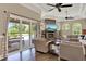 Inviting living room boasts a stone fireplace, modern furniture, and a view of the pool at 13710 Lake Cawood Dr, Windermere, FL 34786