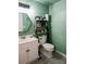Mint-green bathroom featuring a modern vanity and toilet, with ample shelving for storage at 15 Estrella Rd, Debary, FL 32713