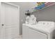Well-organized laundry room with washer, dryer, shelving, and ample storage space for efficient home management at 650 Old Bridge Cir, Davenport, FL 33897