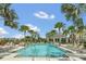 View of sparkling blue community pool lined with mature palm trees and plenty of lounge chairs at 2168 Marsh Sedge Ln, Winter Park, FL 32792
