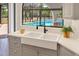 Close-up of a white farmhouse sink under a window with a pool view at 13124 Filly Ct, Windermere, FL 34786