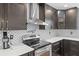 Close-up of kitchen features stainless steel appliances, stylish backsplash, and sleek dark cabinetry at 203 E Greentree Ln, Lake Mary, FL 32746