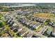Expansive aerial view of a residential community with modern homes, green spaces, and a glimpse of a lake in the background at 2405 Standing Rock Cir, Oakland, FL 34787