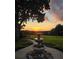 Backyard with a water fountain surrounded by a lawn, shrubs and an amazing sunset backdrop at 36408 E Eldorado Lake Dr, Eustis, FL 32736