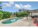 Kidney shaped pool features a tanning ledge and is surrounded by lush greenery and a covered patio with seating at 5056 Gandross Ln, Mount Dora, FL 32757