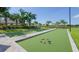 Bocce ball court with colorful balls on the green turf, surrounded by palm trees at 5362 Spoonflower Ct, St Cloud, FL 34771