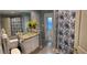 Well-lit bathroom featuring a glass bowl sink, granite countertop, and a floral shower curtain at 1121 Arbor Glen Cir, Winter Springs, FL 32708