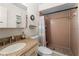 Well-maintained bathroom featuring tile flooring, granite countertop, and shower at 1620 Carolyn Ct, St Cloud, FL 34769