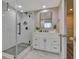 Modern bathroom with white subway tile shower and updated vanity at 322 E Central Blvd # 1909, Orlando, FL 32801
