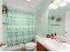 Bright bathroom featuring a shower with a cactus-themed curtain, a sink, and a decorative mirror at 43825 State Road 19, Altoona, FL 32702