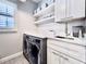 Functional laundry room with modern washer, dryer, sink and white cabinets at 616 Nadina Pl, Celebration, FL 34747