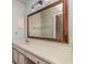 Bathroom with a big mirror over a vanity that has cabinet doors below the sink at 12102 Sandal Creek Way, Orlando, FL 32824