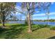 Expansive backyard with manicured lawn and scattered leaves, offering picturesque lake views with boat docks at 13377 Lake Butler Blvd, Winter Garden, FL 34787