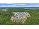 Aerial view showcasing homes nestled around a pond, surrounded by a dense, green forest landscape at 4296 Mirror Ct, Clermont, FL 34714
