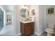 Elegant powder room boasting a unique mirror, modern fixtures, and stylish vanity at 5100 La Croix Ave, Belle Isle, FL 32812