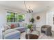 Bright living room with large window views, comfortable seating, and a decorative chandelier at 5100 La Croix Ave, Belle Isle, FL 32812
