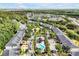 Expansive aerial view of the townhome community with lush greenery and community pool at 10374 Park Commons Dr, Orlando, FL 32832