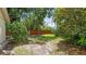 The backyard features a brick fence, mature trees and bushes and a grass area at 1156 Brandy Lake View Cir, Winter Garden, FL 34787